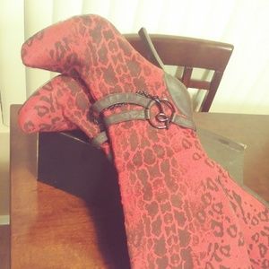 Skin print knee high boots